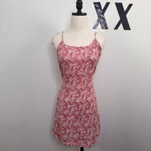 Vintage 90s Pink Paisley Mini Slip Dress India Cotton Tie Back Indie Grunge L